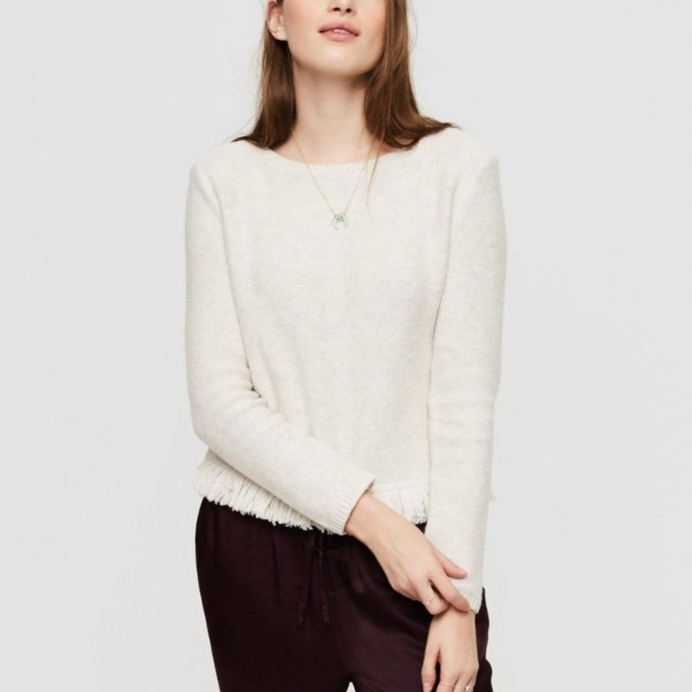 LOU & GREY Cream Fringe Hem Crewneck Sweater